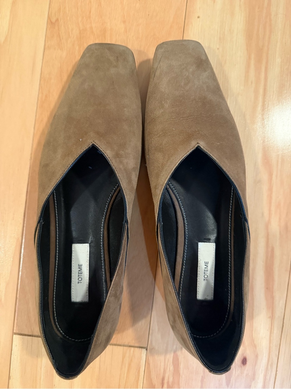 Toteme Suede Square-Toe Flats in Taupe